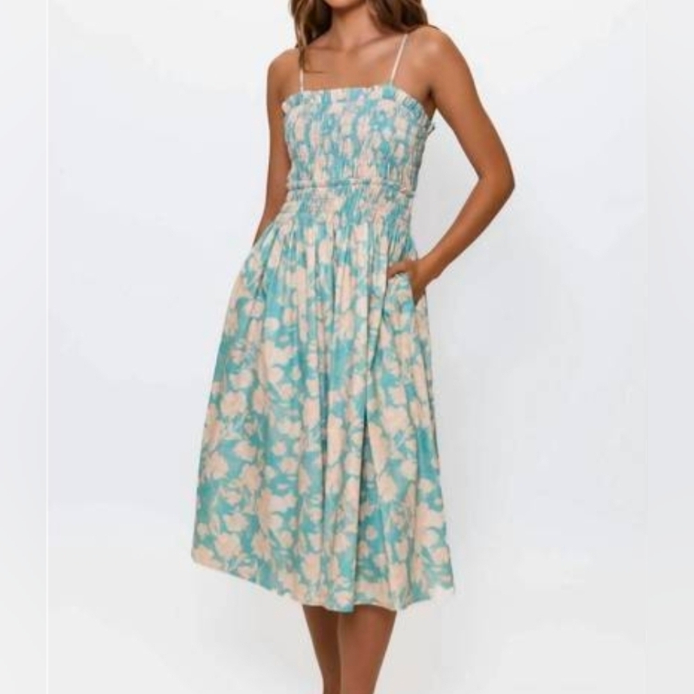 Stunning, Feminine Hutch Blue and Peachy Cream Smocked Dress..$300 Retail!